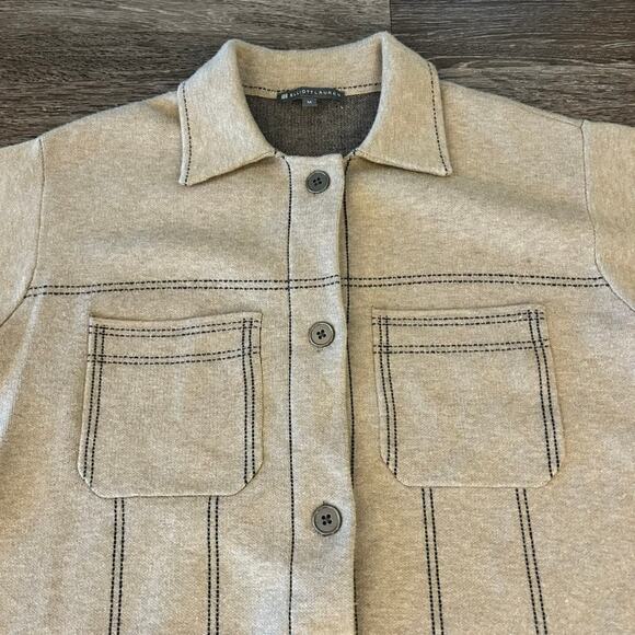 EUC Elliott Lauren Beige Top Stitch Button Front Sweater Jacket Sz M Fringe Hem - Picture 15 of 16
